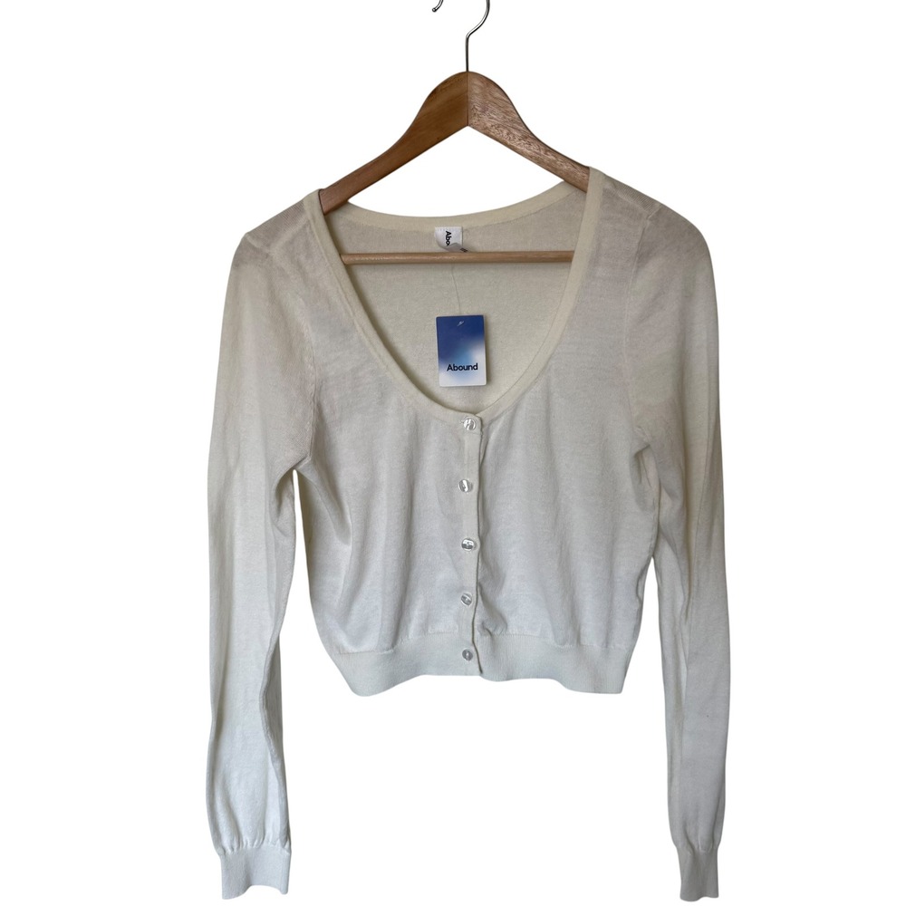 Abound Cropped Cardigan Women Medium White NWT Cotton V-Neck Long Sleeve Button